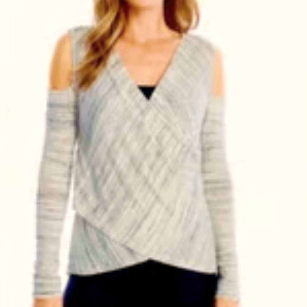 WHBM Long Sleeve Faux Wrap Cold Shoulder V Neck Shirt